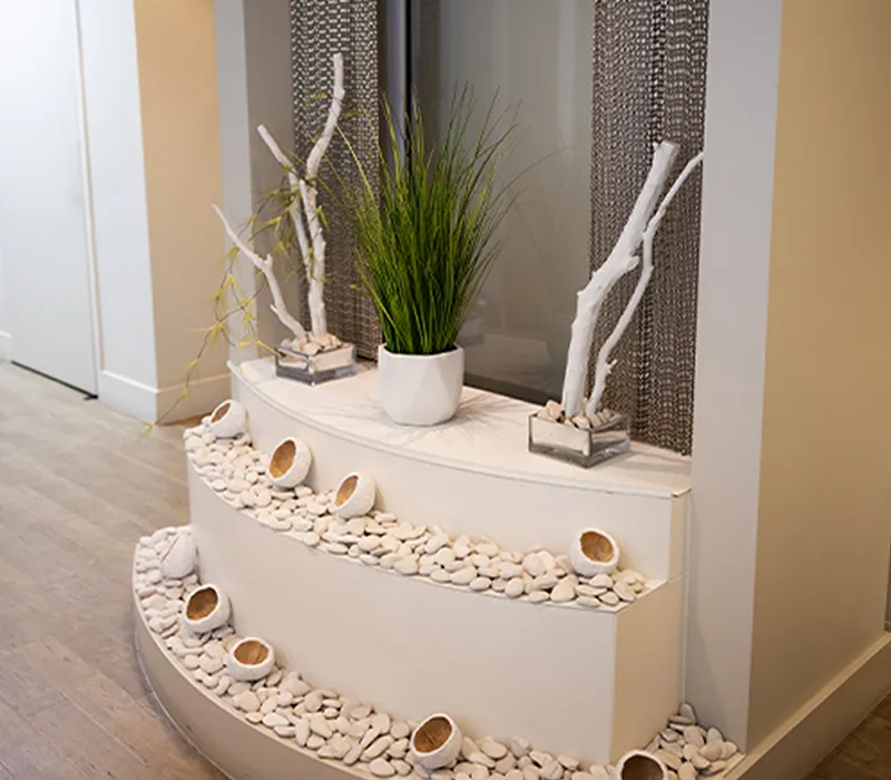 Curved planter of white river stones with potted grass and driftwood beside the treatment room corridor